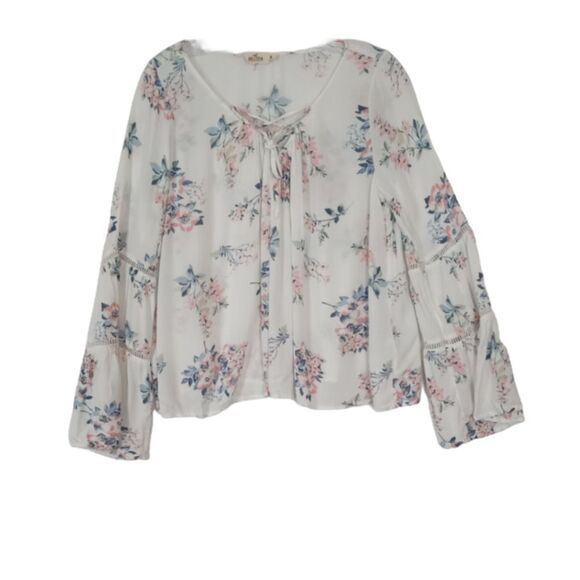Hollister Top Blouse Womens Medium White Blue Pink Floral Bell Sleeves Drawstrin - Picture 1 of 10